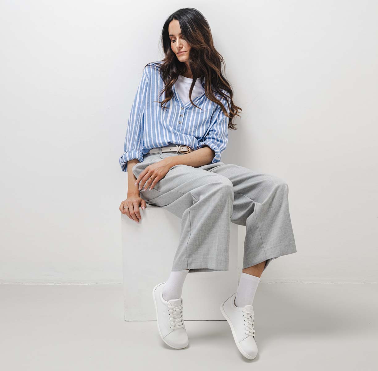 Be Lenka Core - All White, barefoot sneakers, lifestyle shot with model