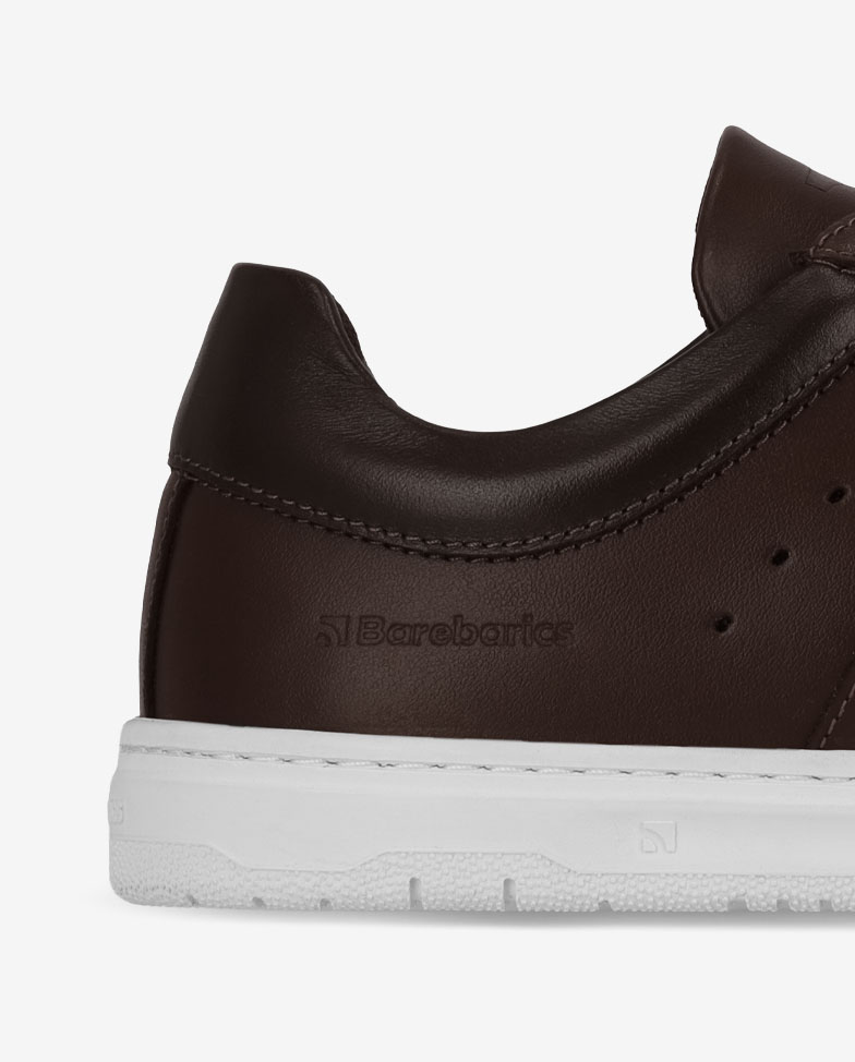 Barebarics Enigma - Dark Brown, barefoot sneakers, heel detail
