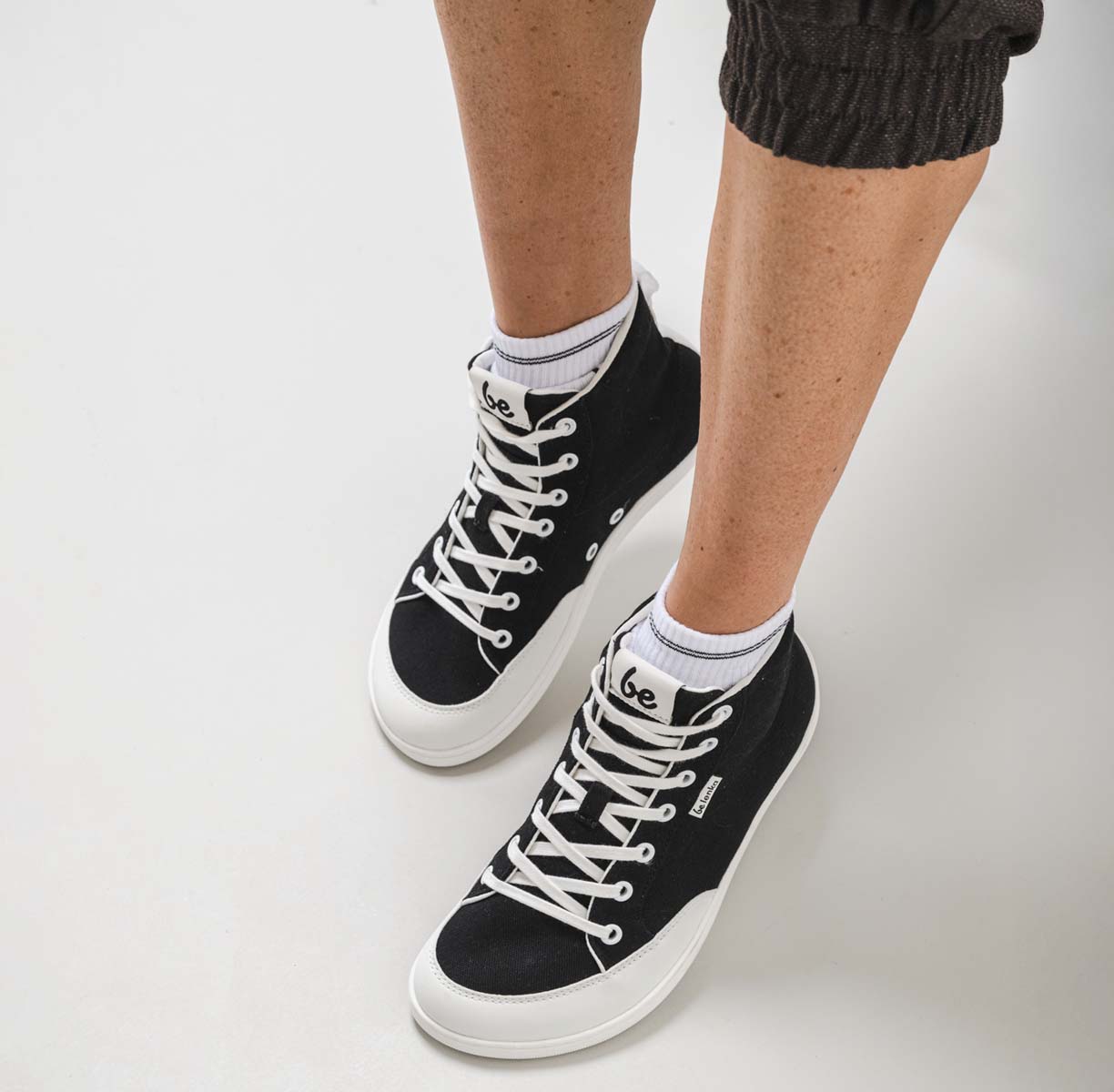 Be Lenka Rebound High Top - Black & White, high-top barefoot sneakers, detailed on-feet view