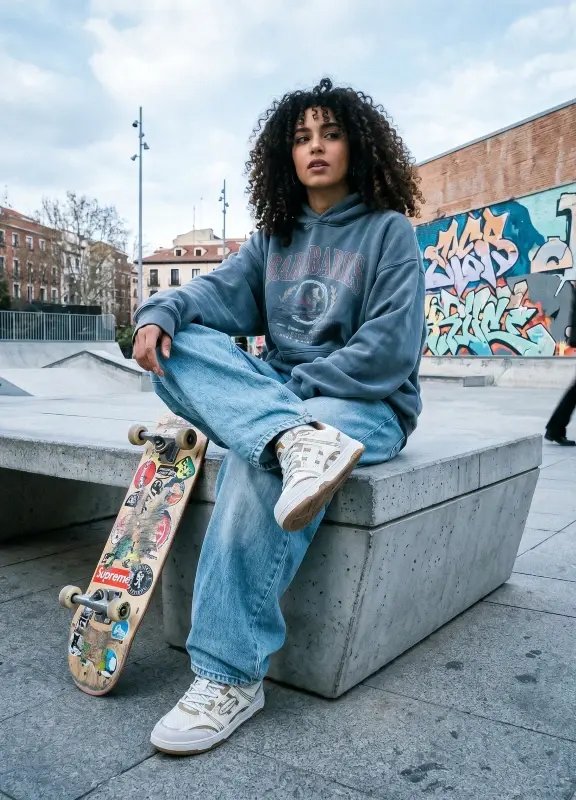 Woman wearing Barebarics Dropsta Beige sneakers at a skatepark, sitting beside a skateboard, styled with wide-leg jeans and an oversized hoodie