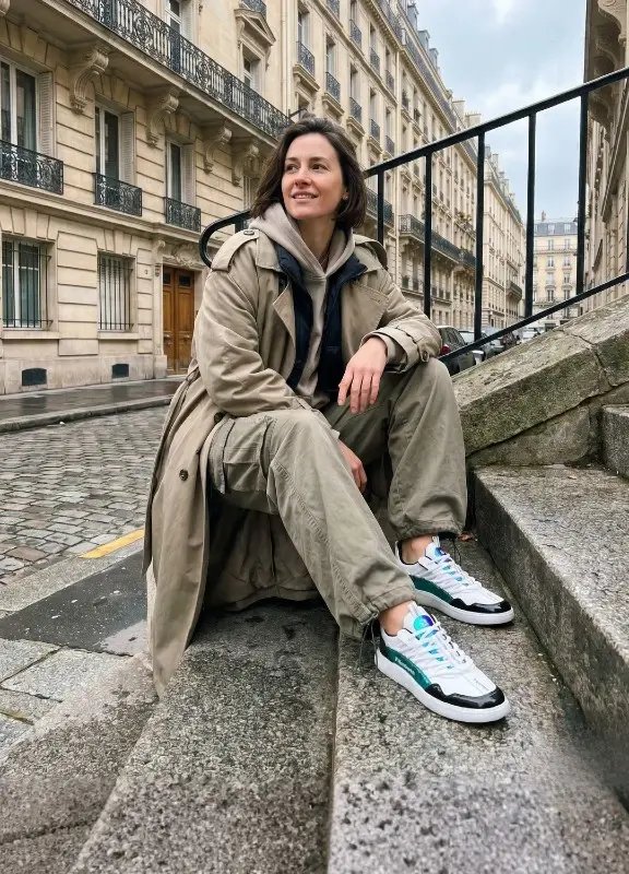 Woman wearing Barebarics Futura White sneakers sitting on stone steps in Paris, styled with a beige trench coat and cargo pants