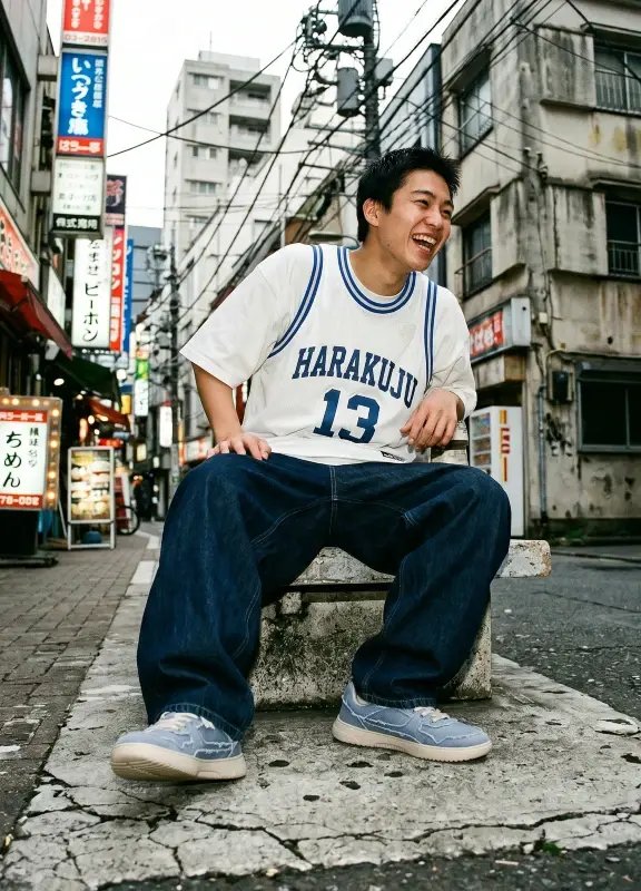 Man wearing Barebarics Zing Denim Blue sneakers sitting on a street bench in Tokyo, styled with wide-leg jeans and a basketball jersey