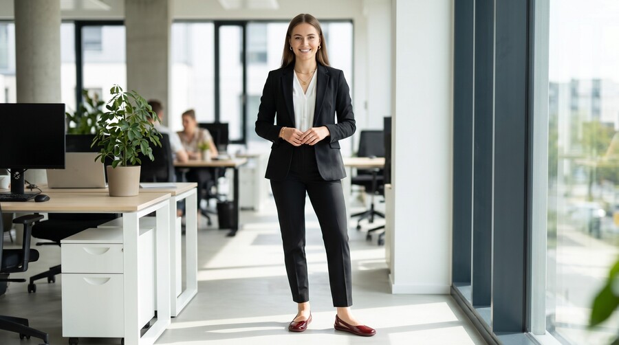 Person in burgundy barefoot ballet flats standing in a modern office