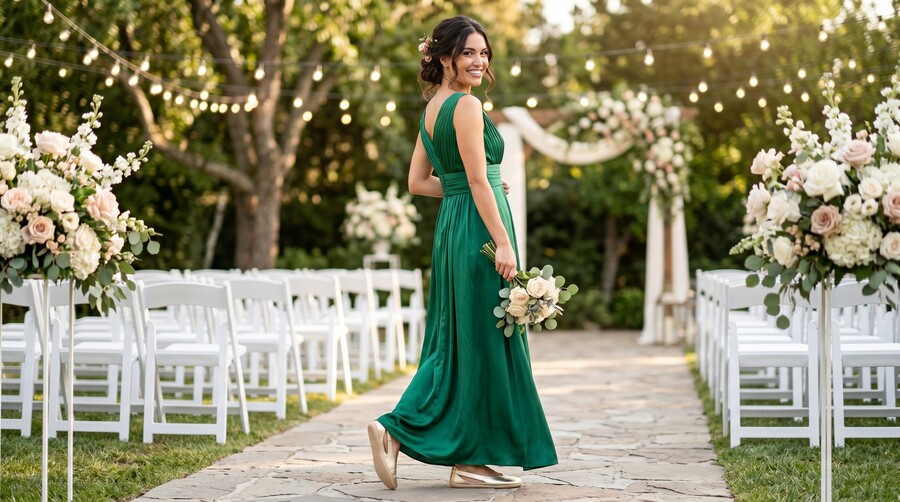 Person in gold barefoot ballet flats walking at a garden celebration