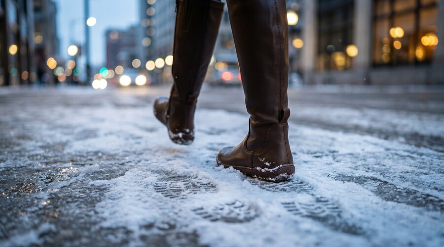 Close-up of women's barefoot boots on an icy city street at dusk