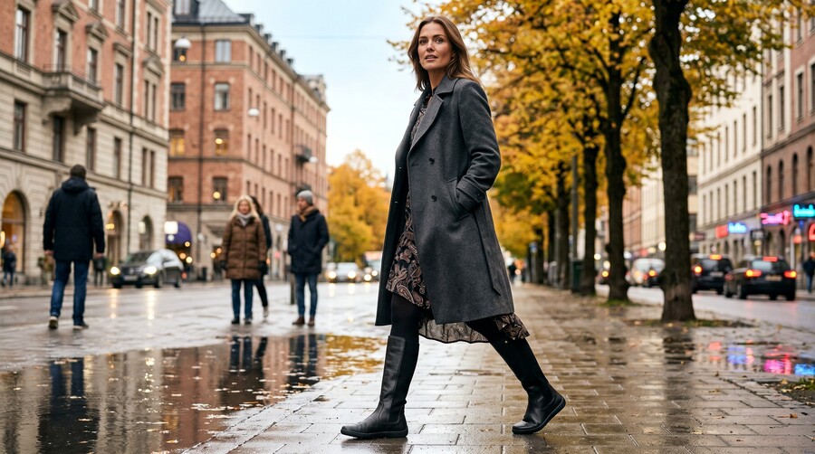 Woman in women's barefoot boots walking along an autumn city street