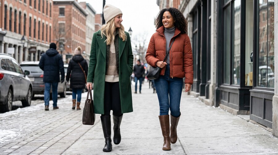 Two women in women's barefoot boots walking down a wintry city street