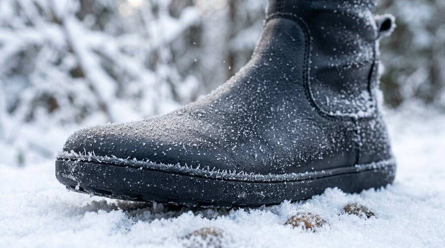 Close-up of women's barefoot boots covered in frost in winter nature