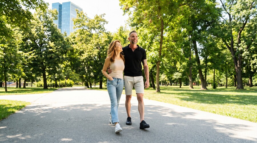 Pareja con zapatos barefoot paseando por un parque urbano
