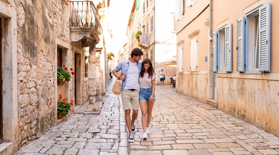 Couple in barefoot sneakers walking down a cobblestone street in a historic town