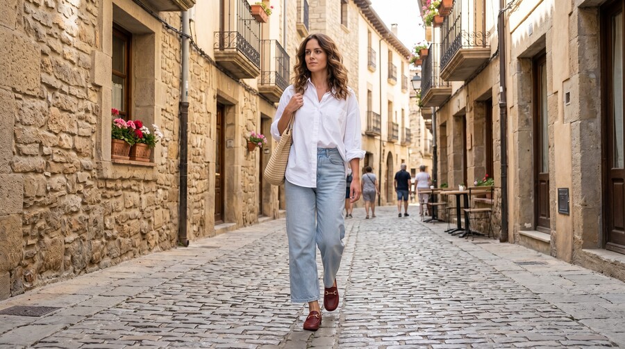 Person in burgundy barefoot moccasins walking down a cobblestone street in a historic town