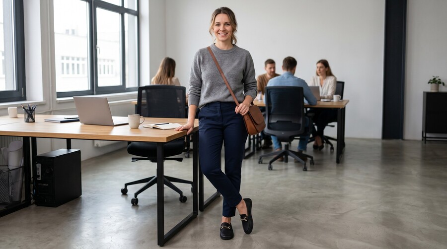 Person in black barefoot moccasins standing in a modern office