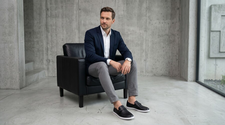 Person in black barefoot moccasins sitting in an armchair in a minimalist interior
