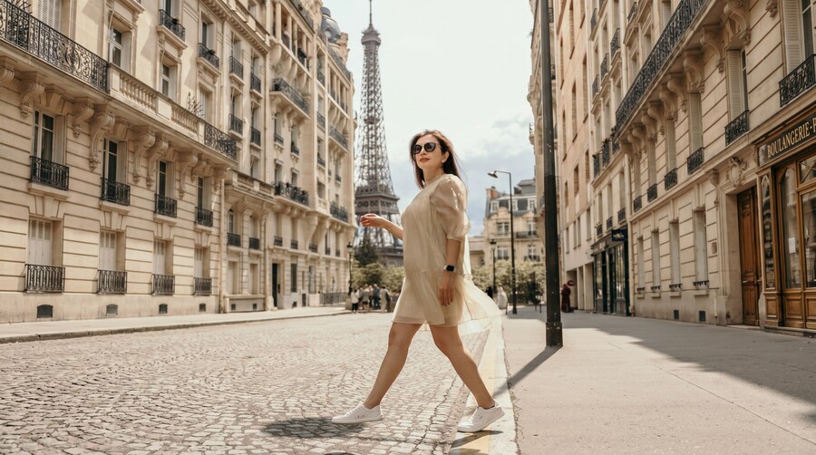 Person in white summer barefoot shoes walking down a city street