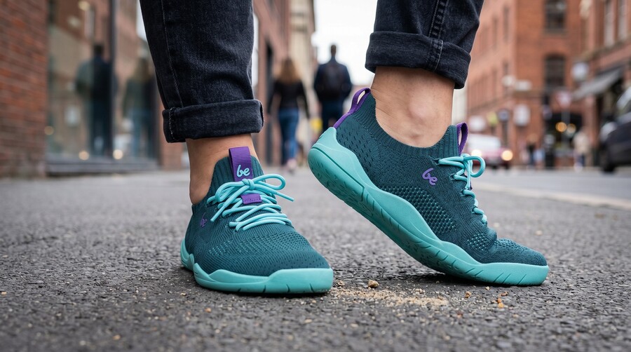 Close-up of turquoise summer barefoot shoes on a city street