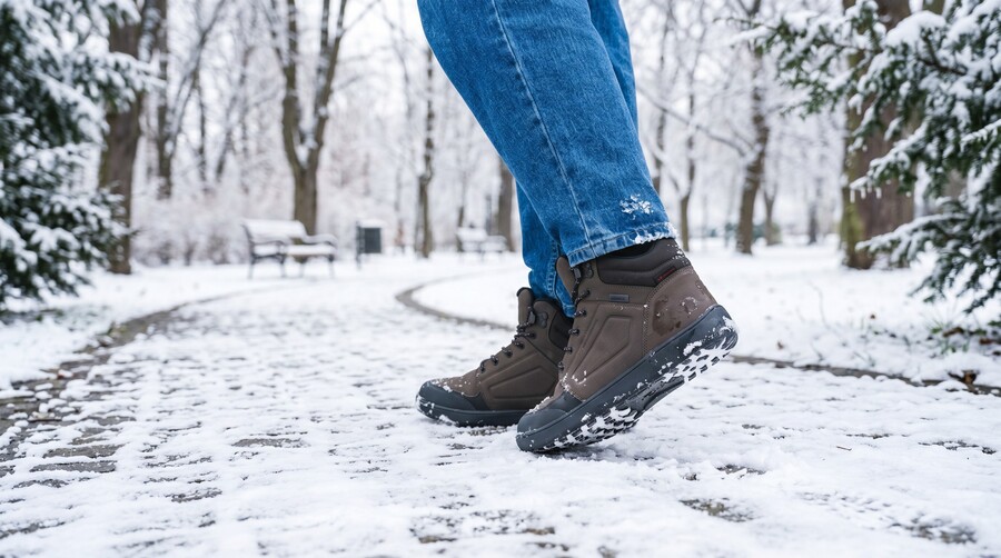 Close-up of winter barefoot boots on a snowy path in a winter park Close-up of winter barefoot boots on a snowy path in a winter park
