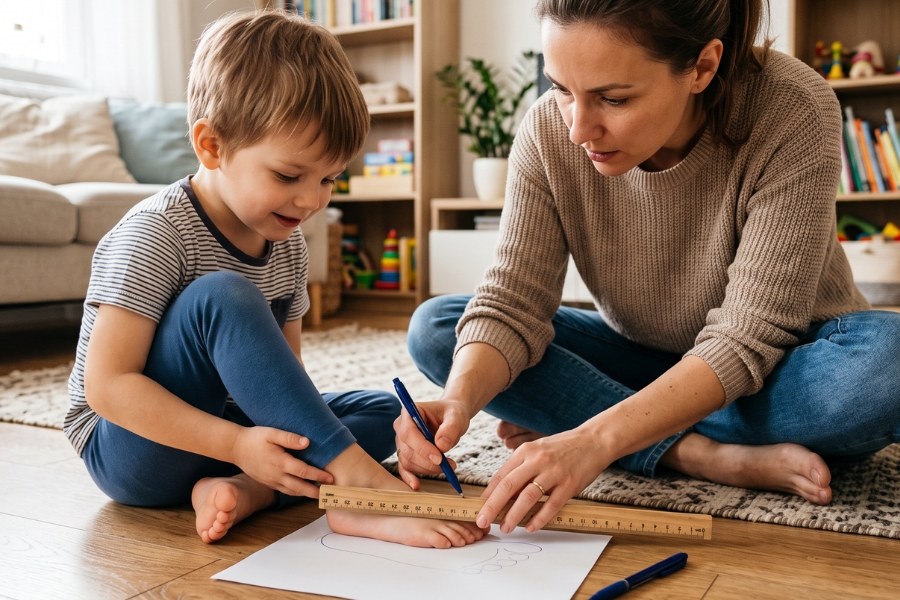 Mother measuring a little boy's foot with a ruler to choose kids' barefoot shoes in size 26–34