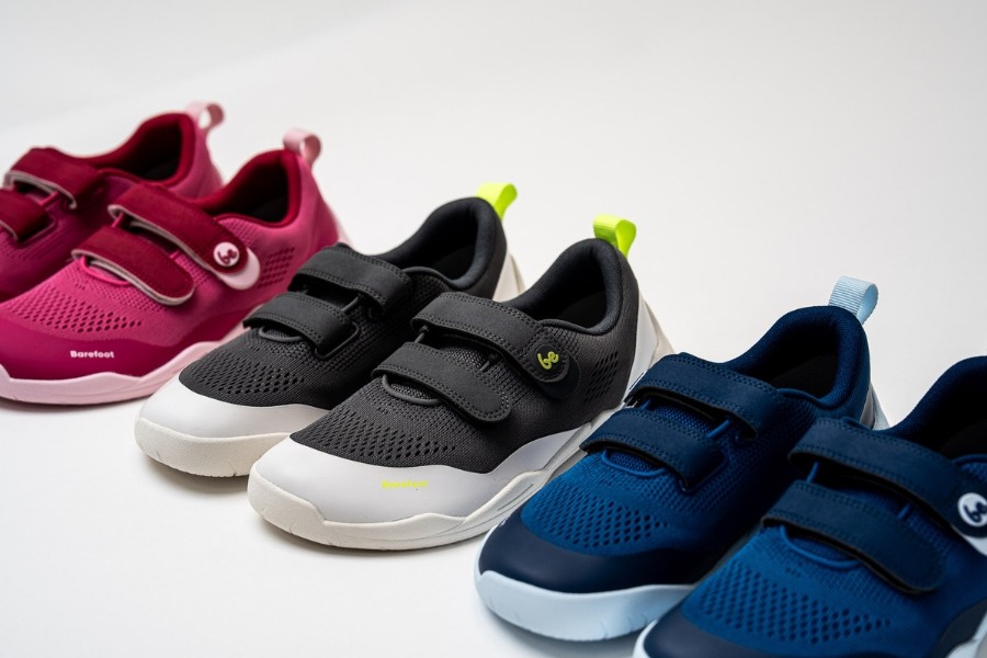 Three pairs of kids' barefoot shoes with hook-and-loop straps in pink, black and blue, size 35–40
