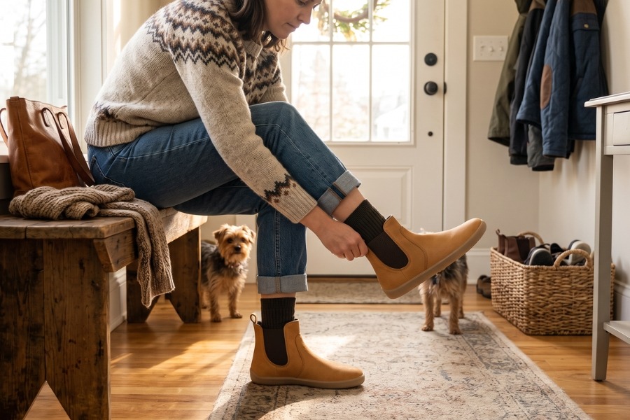 Woman putting on tan women's Chelsea barefoot boots on a bench in a hallway