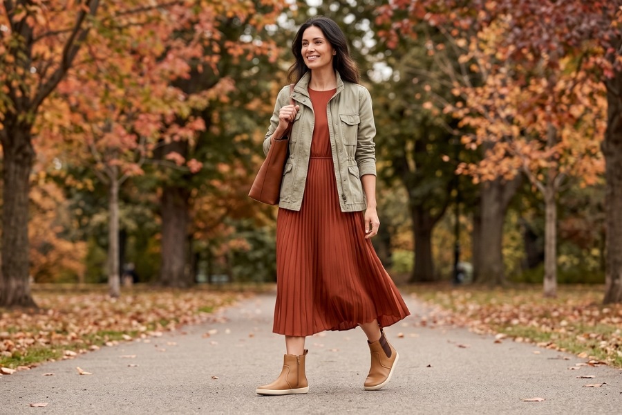 Woman in beige women's Chelsea barefoot boots walking along an autumn tree-lined path