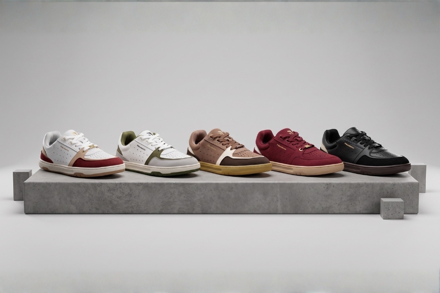 Collection of new women's barefoot shoes in five colour variants on a pedestal Collection of new women's barefoot shoes in five colour variants on a pedestal