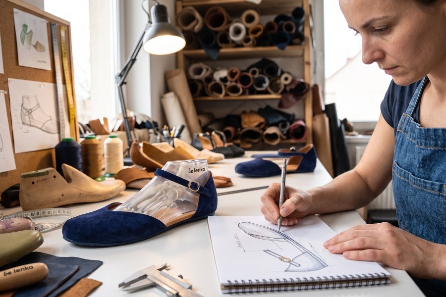 Designer sketching new women's barefoot shoes in a shoemaking workshop Designer sketching new women's barefoot shoes in a shoemaking workshop