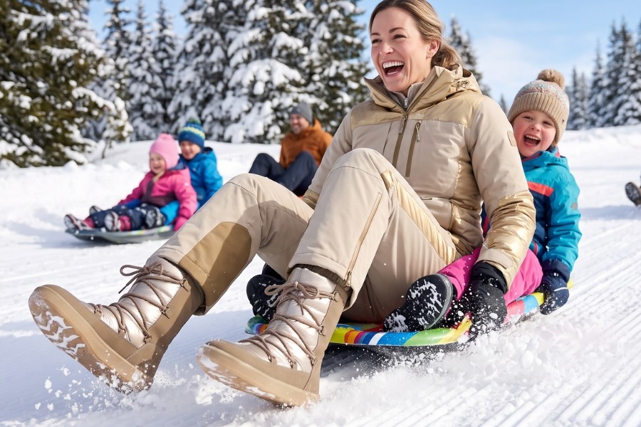 Woman in beige women's barefoot snow boots sledding on a snowy slope