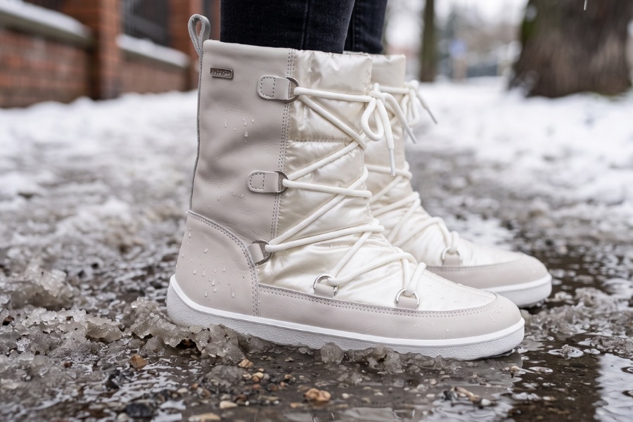 Close-up of cream women's barefoot snow boots on an icy pavement