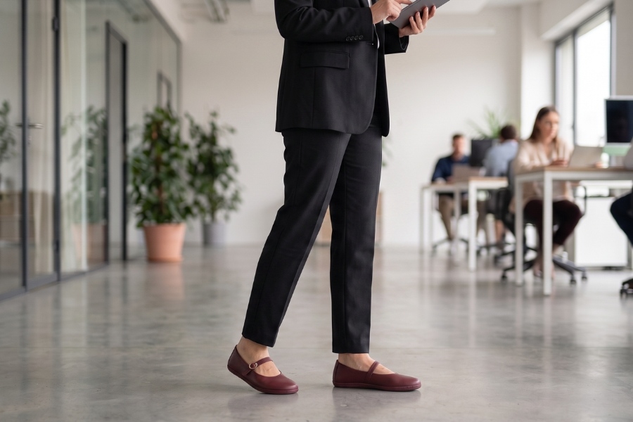 Woman in burgundy women's office barefoot shoes standing in a modern office