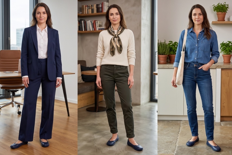 Woman in navy women's office barefoot shoes in three work outfits