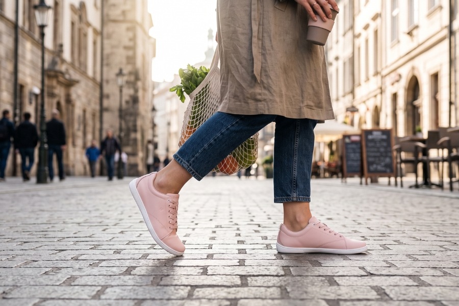 Woman in pink women's everyday barefoot shoes walking on a city pavement with groceries