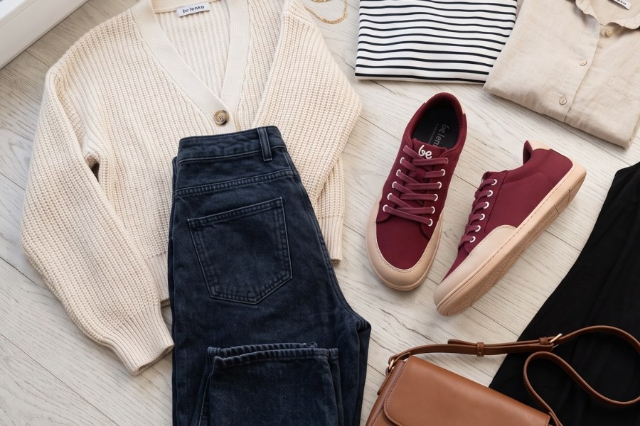 Burgundy women's everyday barefoot shoes arranged with a casual outfit
