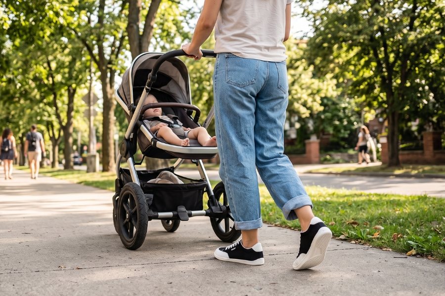 Woman in black women's everyday barefoot shoes pushing a pram along a park path