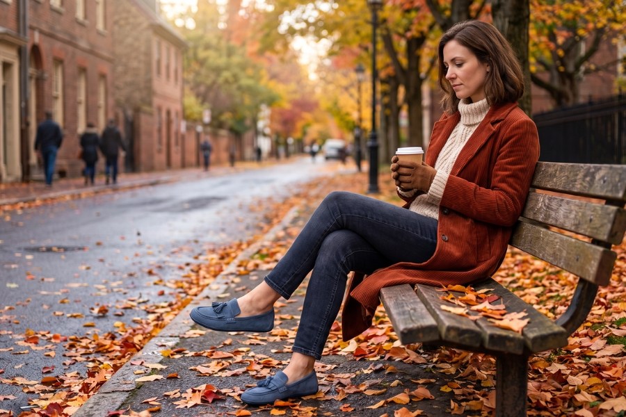 Woman in blue women's autumn barefoot shoes sitting on a bench in an autumn street Woman in blue women's autumn barefoot shoes sitting on a bench in an autumn street