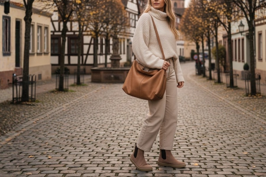 Woman in beige women's autumn barefoot shoes standing on a city pavement Woman in beige women's autumn barefoot shoes standing on a city pavement