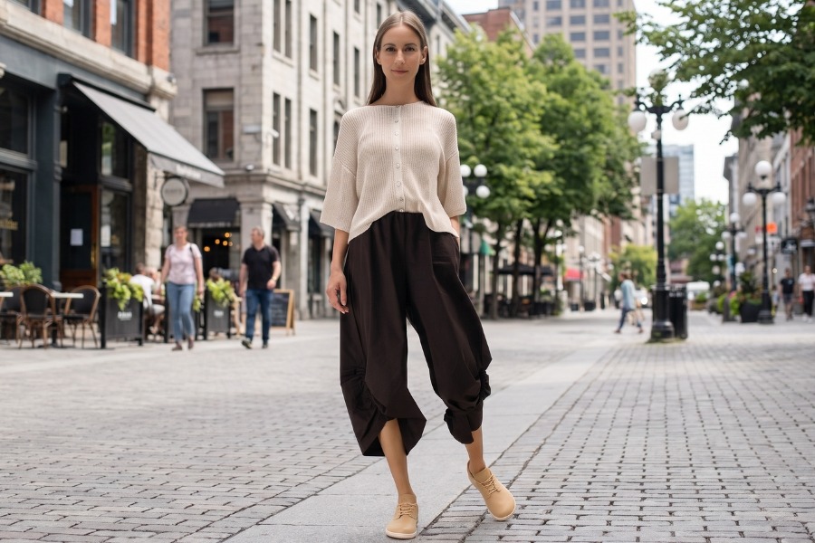 Woman in beige women's low barefoot shoes walking on a city pavement Woman in beige women's low barefoot shoes walking on a city pavement