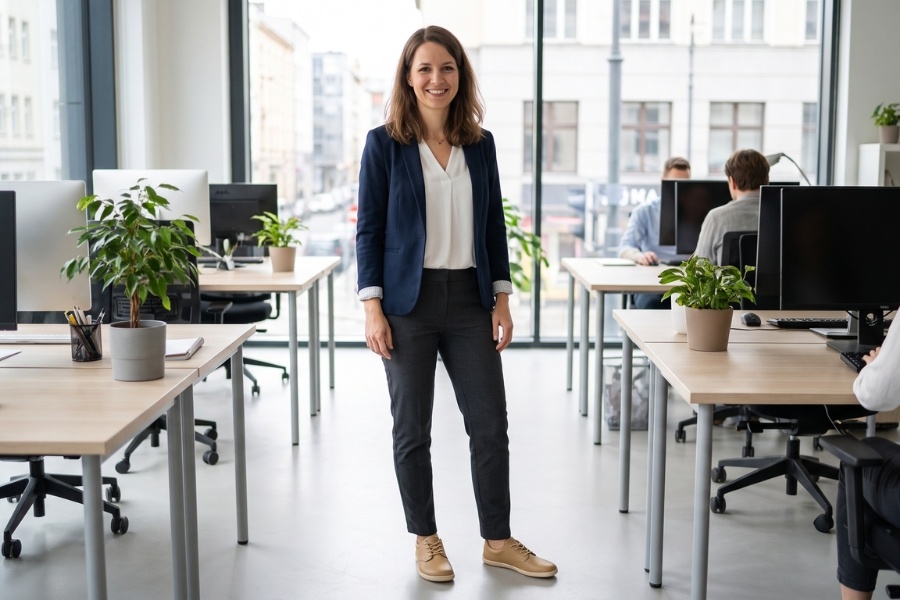 Woman in beige women's low barefoot shoes standing in a modern office Woman in beige women's low barefoot shoes standing in a modern office