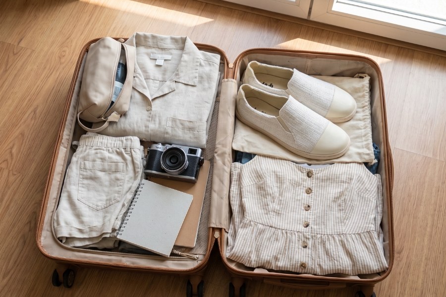 Women's slip-on barefoot shoes packed in a travel suitcase with summer clothes Women's slip-on barefoot shoes packed in a travel suitcase with summer clothes