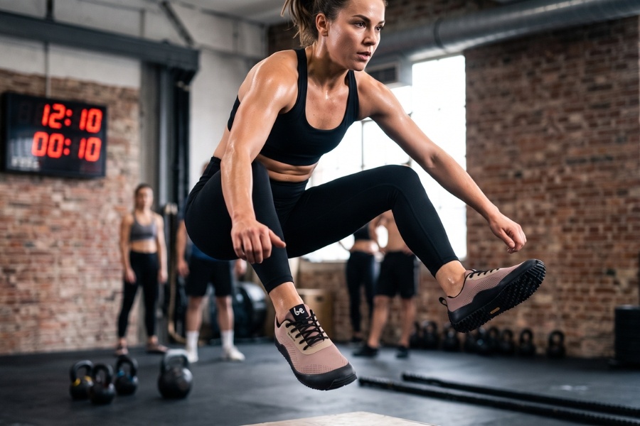 Woman in beige women's sports barefoot shoes mid-jump during a workout
