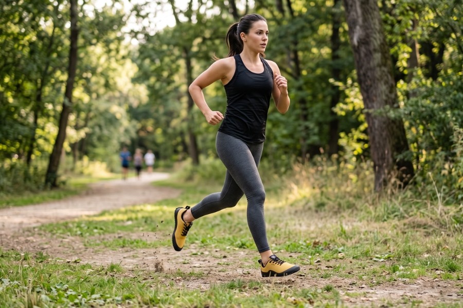 Woman in yellow women's sports barefoot shoes running on a forest trail