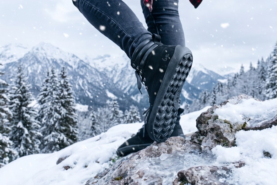 Close-up of black women's winter barefoot shoes with a chunky sole on a snowy rock