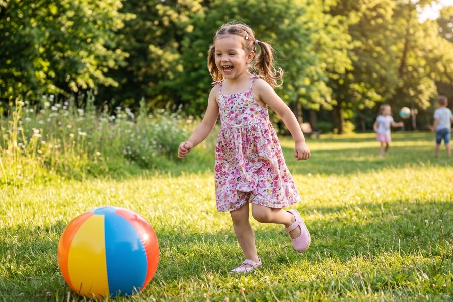 Little girl running across a summer meadow after a ball in pink kids' barefoot ballet flats.