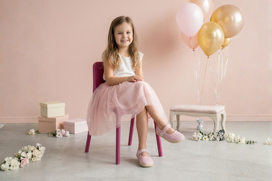 Girl in a tulle skirt sitting on a chair among balloons in pink kids' barefoot ballet flats.