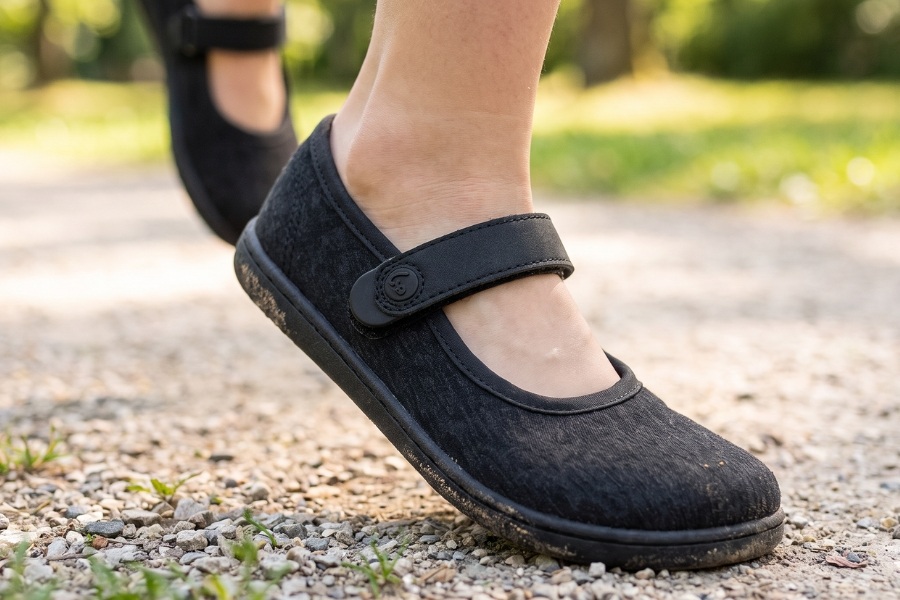 Close-up of black kids' barefoot ballet flats with a wide toe box and thin sole on a gravel path.