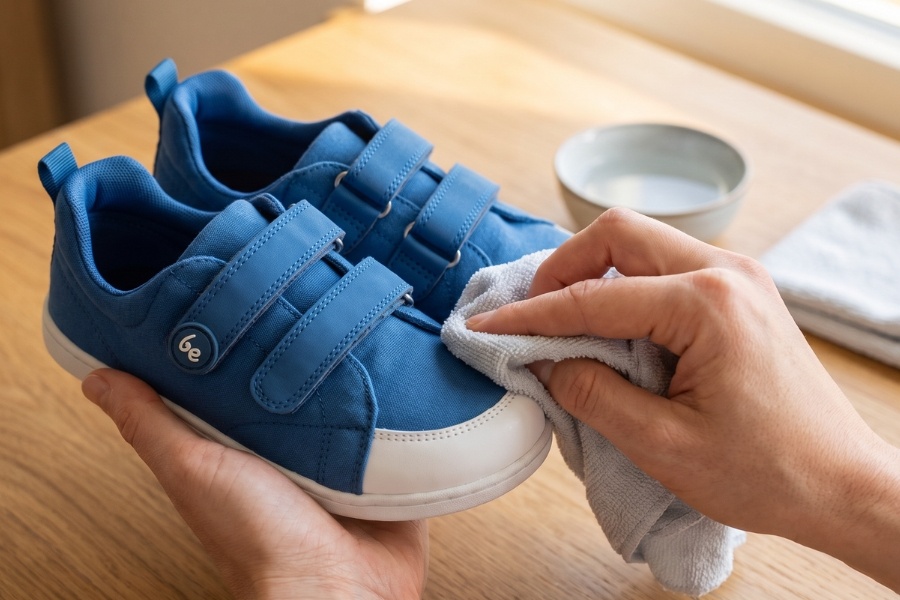 Hand cleaning a blue kids' barefoot sneaker with a cloth on a wooden table