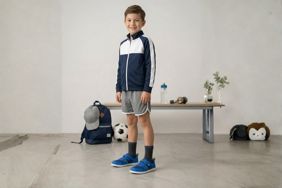 Boy standing near a backpack and a ball in blue everyday kids' barefoot shoes. Boy standing near a backpack and a ball in blue everyday kids' barefoot shoes.