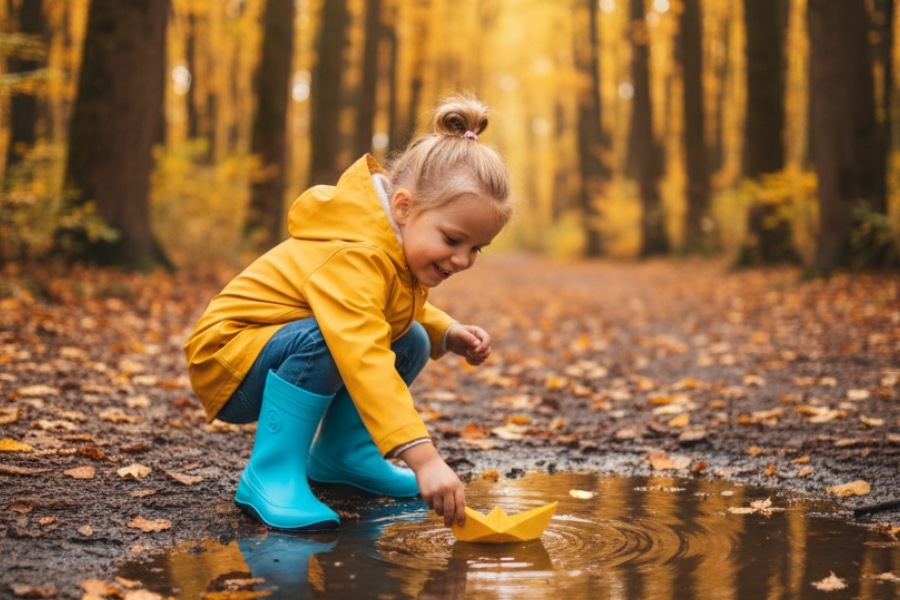Kind in türkisen Barfußschuhen für Kinder spielt an einer Pfütze in einem herbstlichen Wald Kind in türkisen Barfußschuhen für Kinder spielt an einer Pfütze in einem herbstlichen Wald