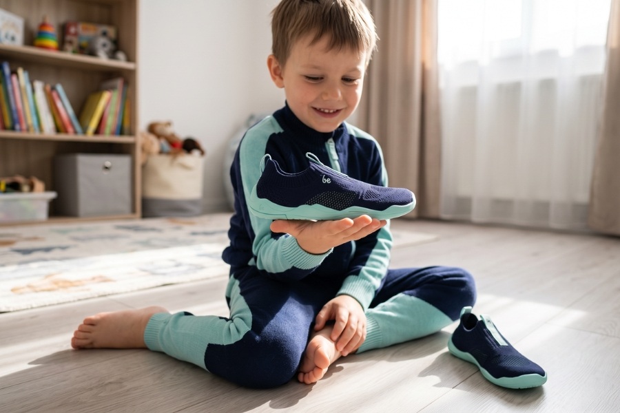 Chlapec sedí doma na podlahe a drží v dlani ľahkú tmavomodrú športovú detskú barefoot topánku. Chlapec sedí doma na podlahe a drží v dlani ľahkú tmavomodrú športovú detskú barefoot topánku.