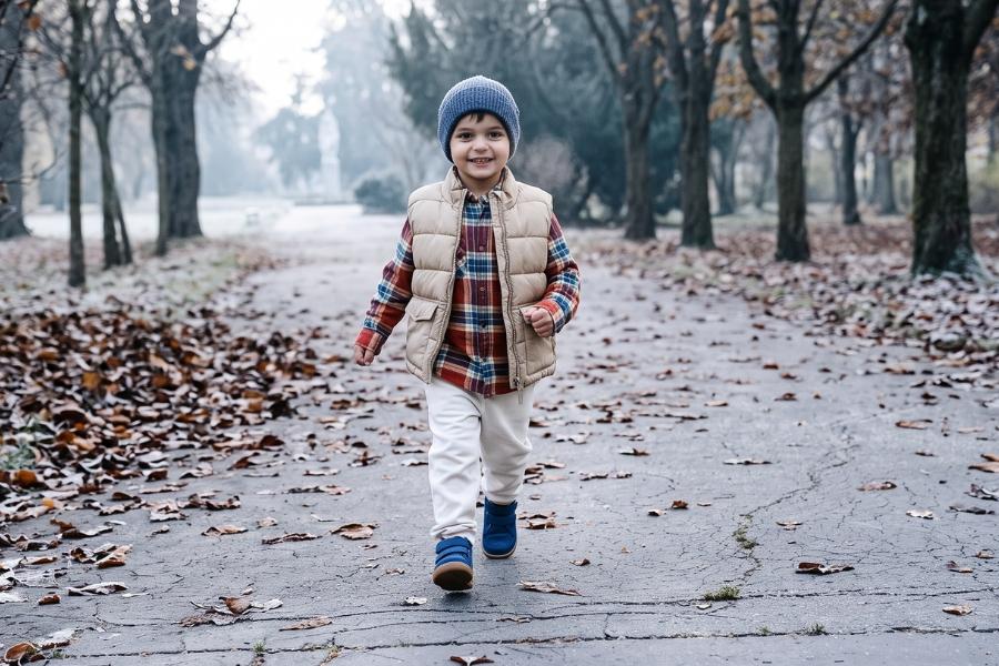 Boy walking down a leaf-covered avenue in blue kids' barefoot shoes for autumn. Boy walking down a leaf-covered avenue in blue kids' barefoot shoes for autumn.