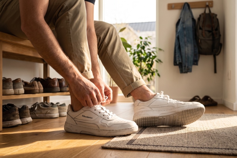 Man putting on white men's barefoot shoes on a bench in a hallway Man putting on white men's barefoot shoes on a bench in a hallway